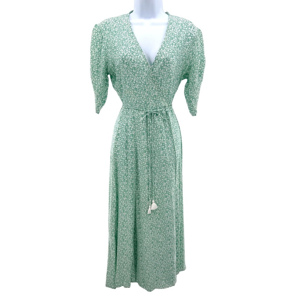Faithful the Brand Chiara Ditsy Floral Print Surplice Wrap Midi Dress Green 8 L
